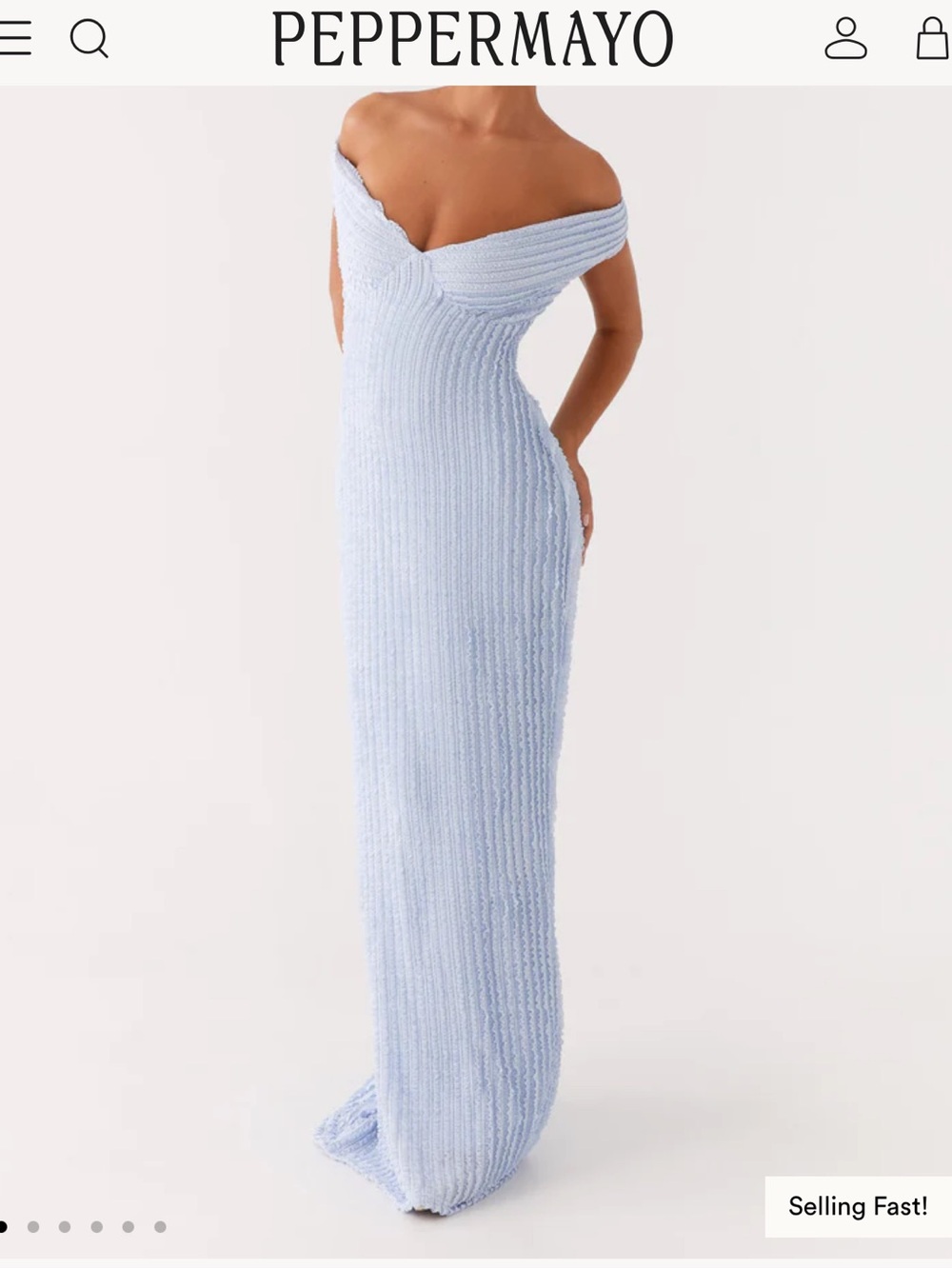 Peppermayo Pale Blue Off-Shoulder Ribbed Maxi Dress